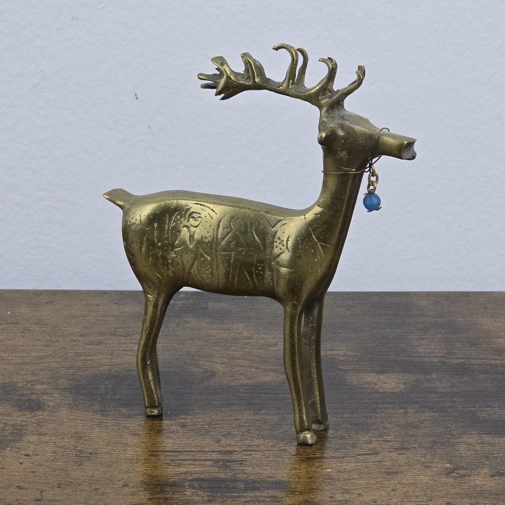 Vintage Indian Brass Deer Stag Figurine 5" Etched Design Mid Century